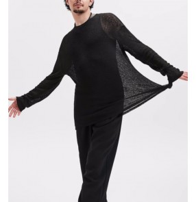 Men's black lace latin dance shirts Youth junior waltz tango flamenco chacha jive dance tops two pieces in one set